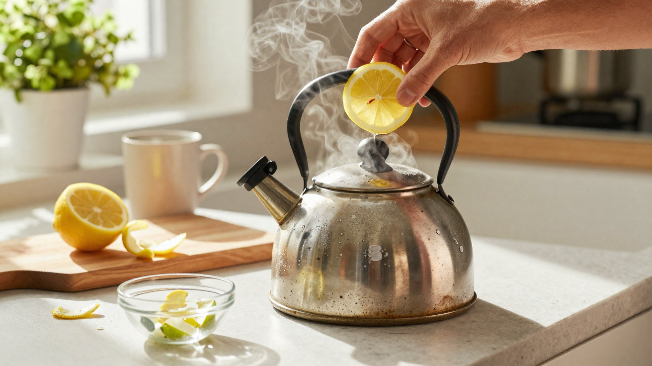 Mão a colocar uma rodela de limão numa chaleira a ferver com vapor numa cozinha iluminada.