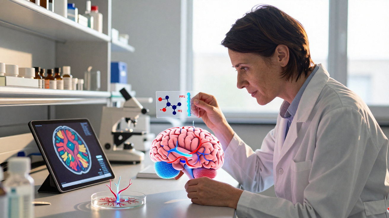 Cientista numa bancada de laboratório a examinar modelo 3D de cérebro com gráficos e imagens digitais.
