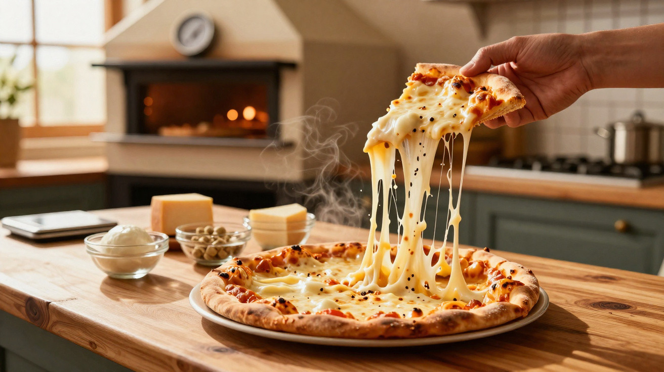 Mão a levantar fatia de pizza com queijo derretido esticando, num ambiente de cozinha acolhedora.