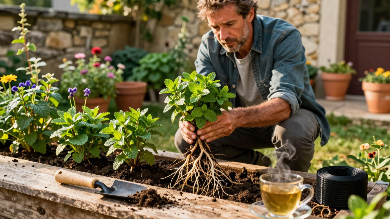 Homem a transplantar planta com raízes expostas numa caixa de jardinagem com chá fumegante ao lado.
