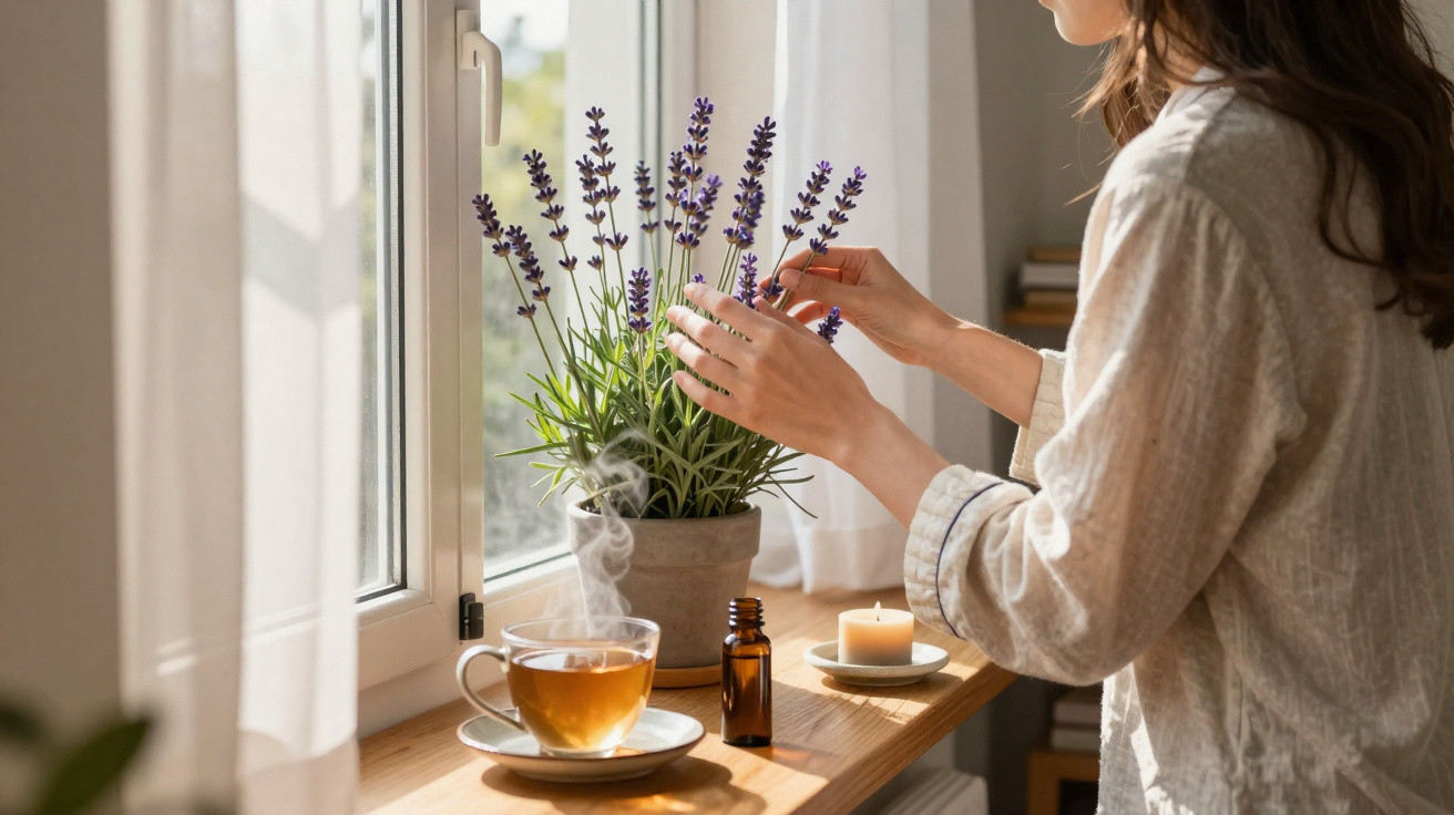 Pessoa a cuidar de planta de lavanda numa janela com chá quente, vela e frasco de óleo essencial.
