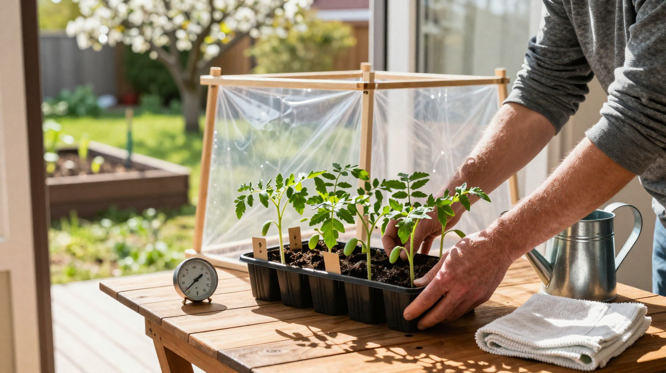 Mãos de pessoa a transplantar mudas de plantas em tabuleiro numa mesa de madeira com regador e termómetro.