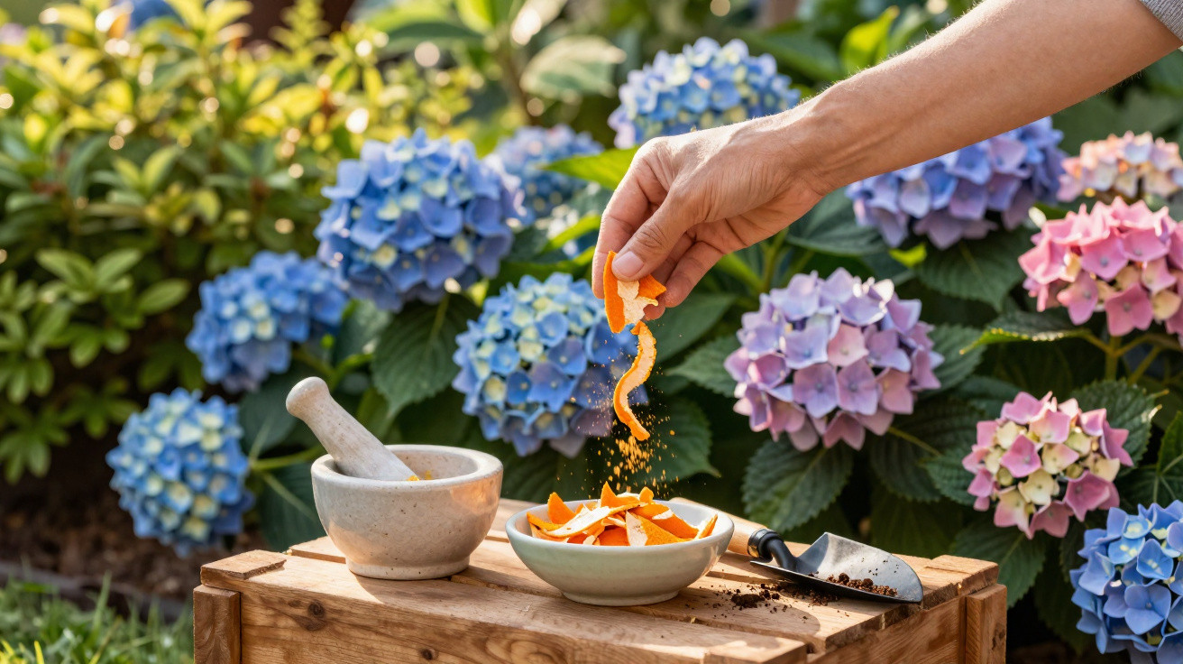 Mão a esfarelar cascas de laranja numa tigela, com almofariz, colher de jardinagem e hortênsias ao fundo.