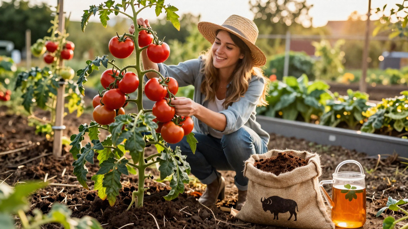Mulher a apanhar tomates maduros numa horta, usando chapéu de palha ao pôr do sol.