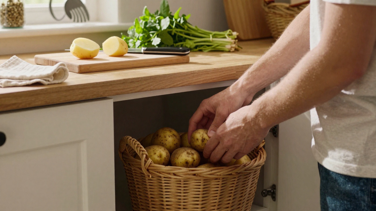Homem a guardar batatas numa cesta de verga numa cozinha bem iluminada.