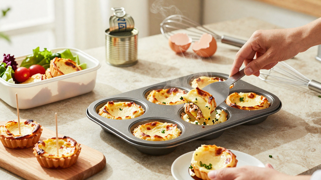 Pessoa a retirar quiche de forma metálica com recheio cremoso e vegetais frescos ao fundo.