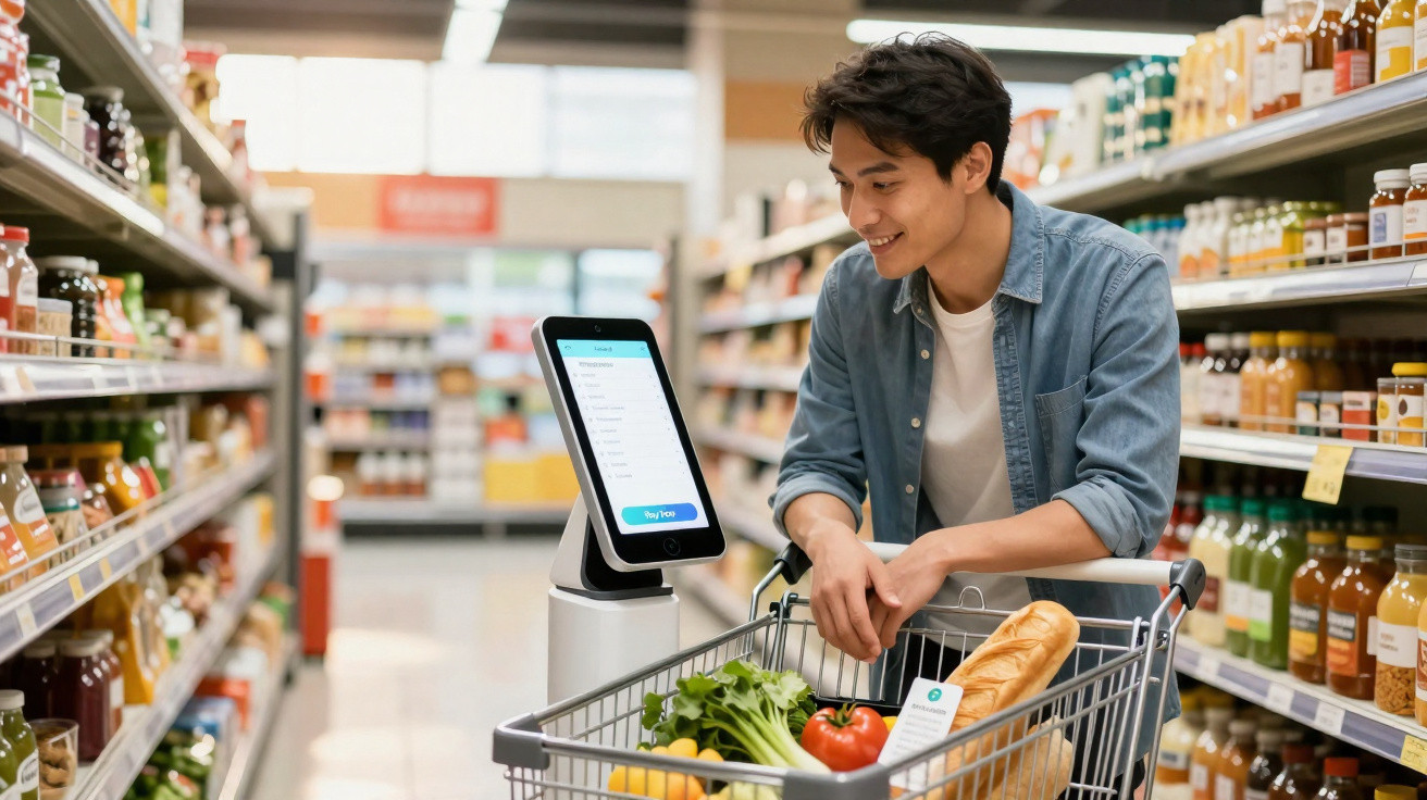 Homem jovem com carrinho de supermercado ao lado de quiosque digital para pagamentos automático.