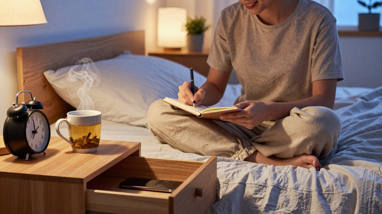 Pessoa sentada na cama, a escrever num caderno, com chá quente e despertador numa mesa ao lado.