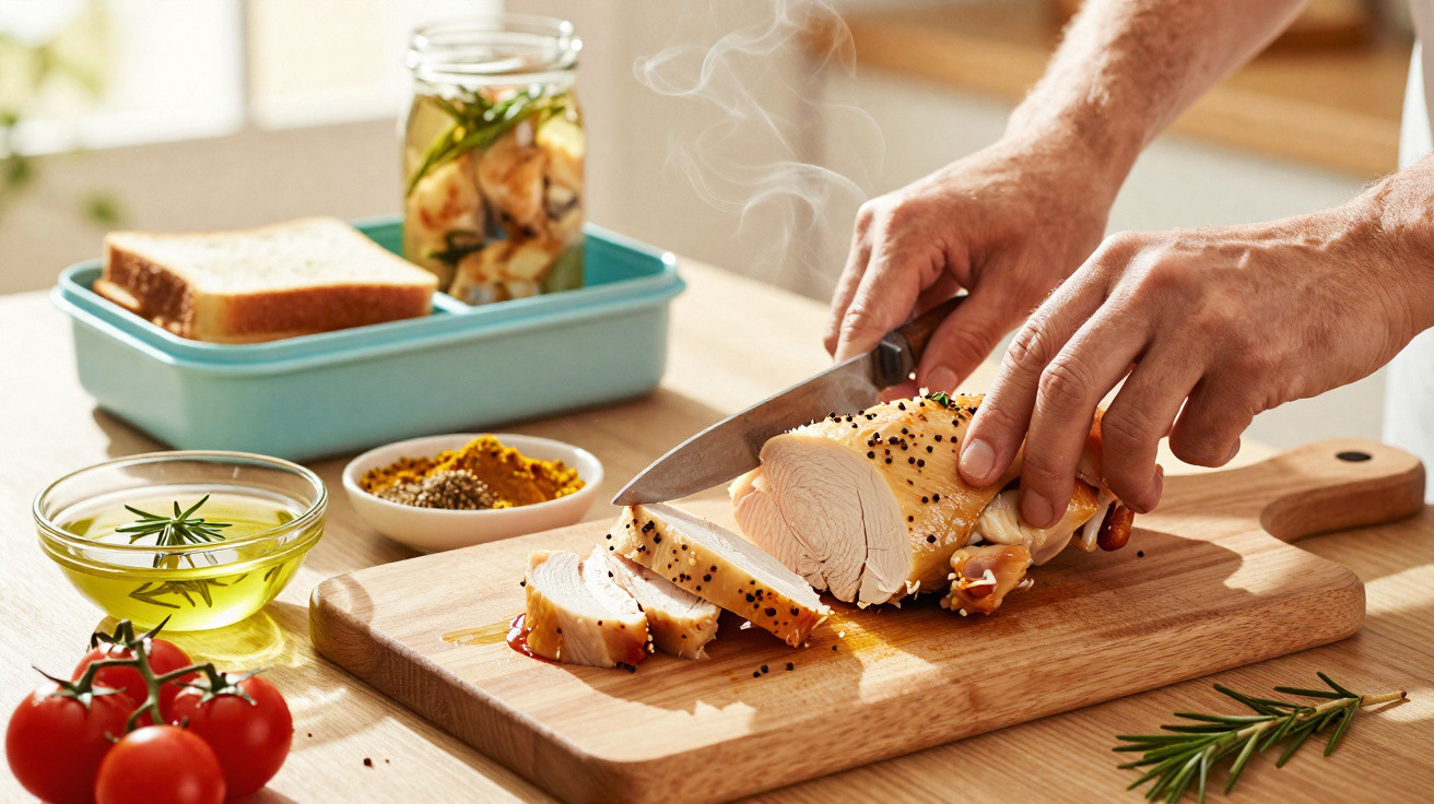 Mãos a cortar peito de frango quente com especiarias numa tábua de madeira numa cozinha iluminada.