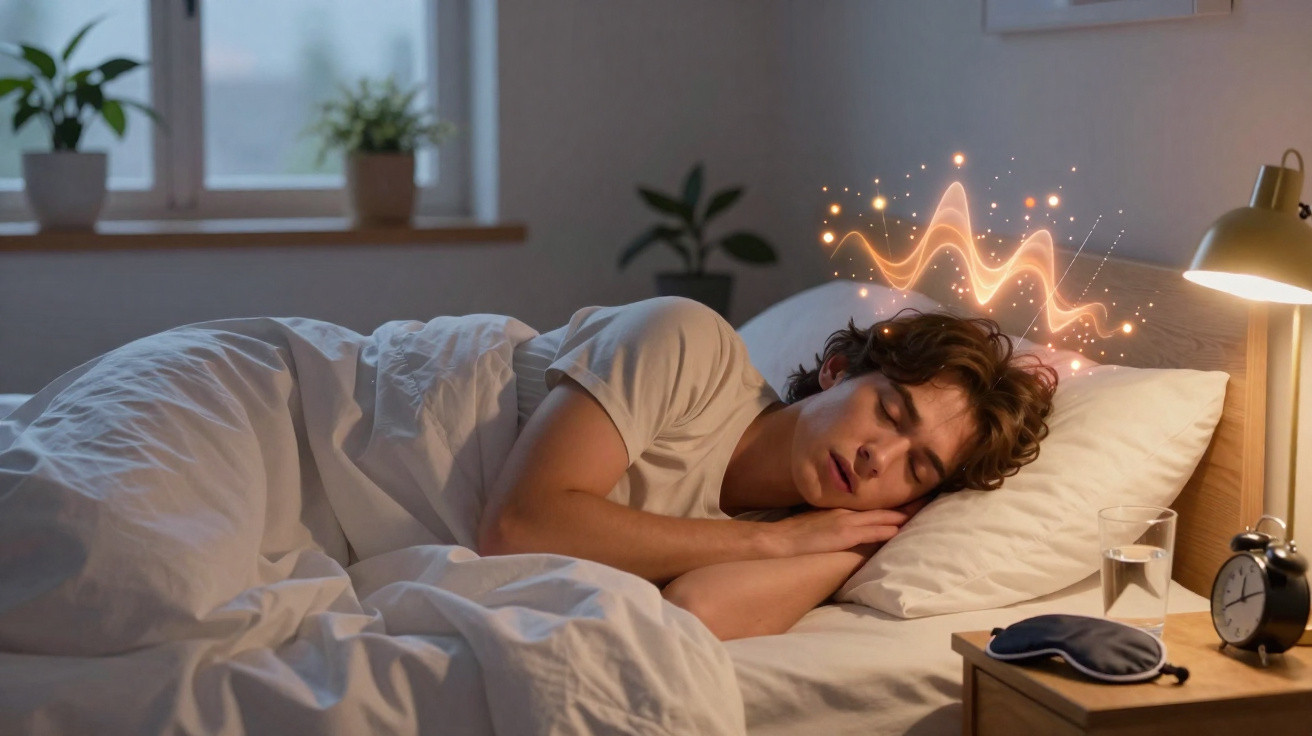 Homem jovem deitado a dormir na cama com luz suave e plantas na janela ao fundo.