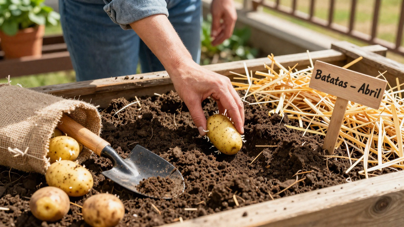 Mão a plantar batata num canteiro com terra e placa escrita "Batatas - Abril".