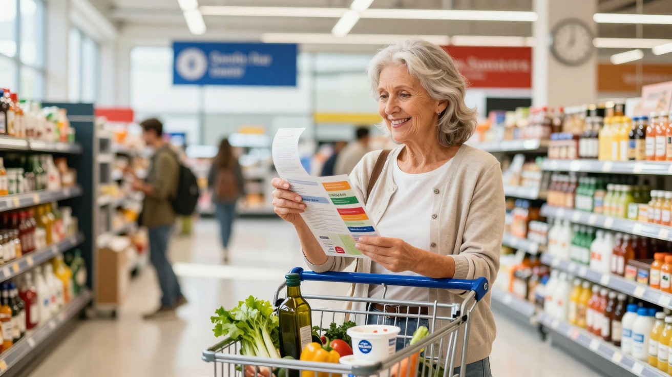 Mulher sénior sorridente consulta lista de compras num supermercado moderno com carrinho cheio de alimentos.