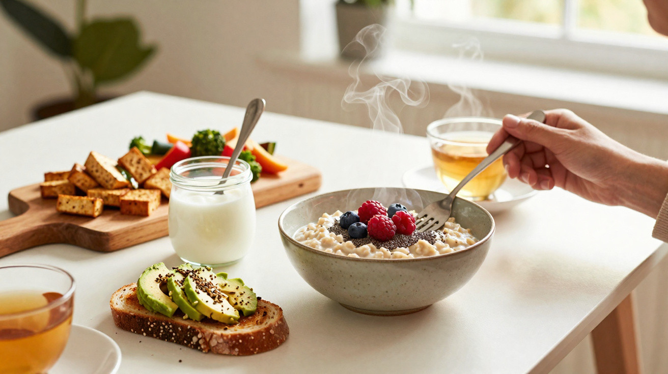 Pequeno-almoço saudável com papa de aveia, frutas vermelhas, abacate, iogurte e chá numa mesa branca.