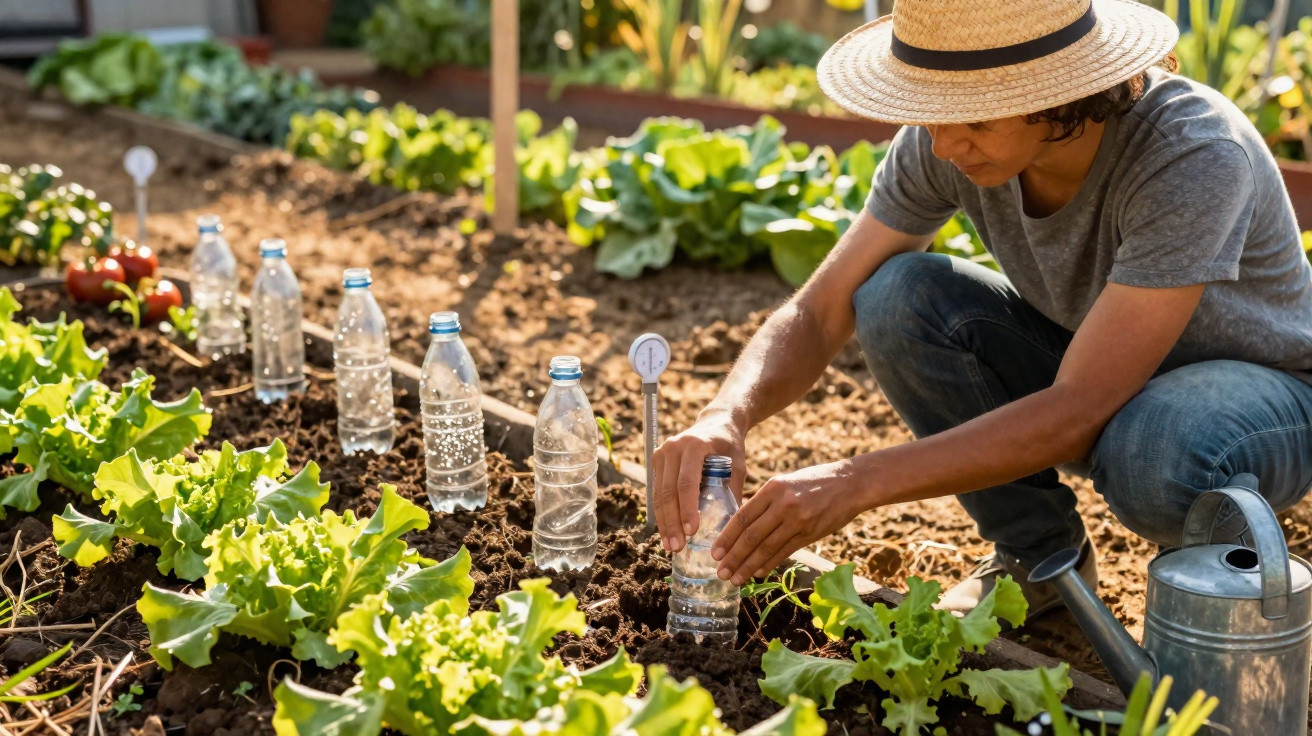 Pessoa a regar plantas numa horta usando garrafas de plástico como sistema de irrigação improvisado.