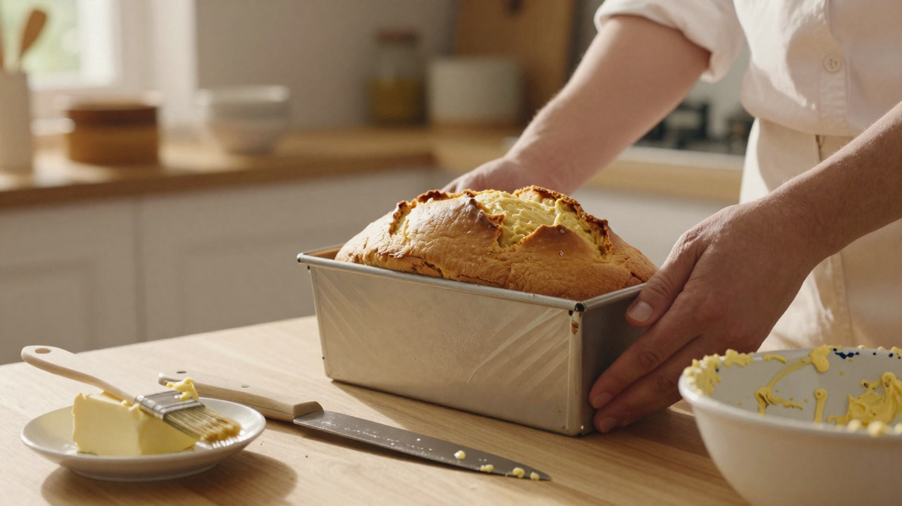 Mãos a tirar pão quente recém-cozido de forma metálica numa cozinha com manteiga e tigela ao lado.