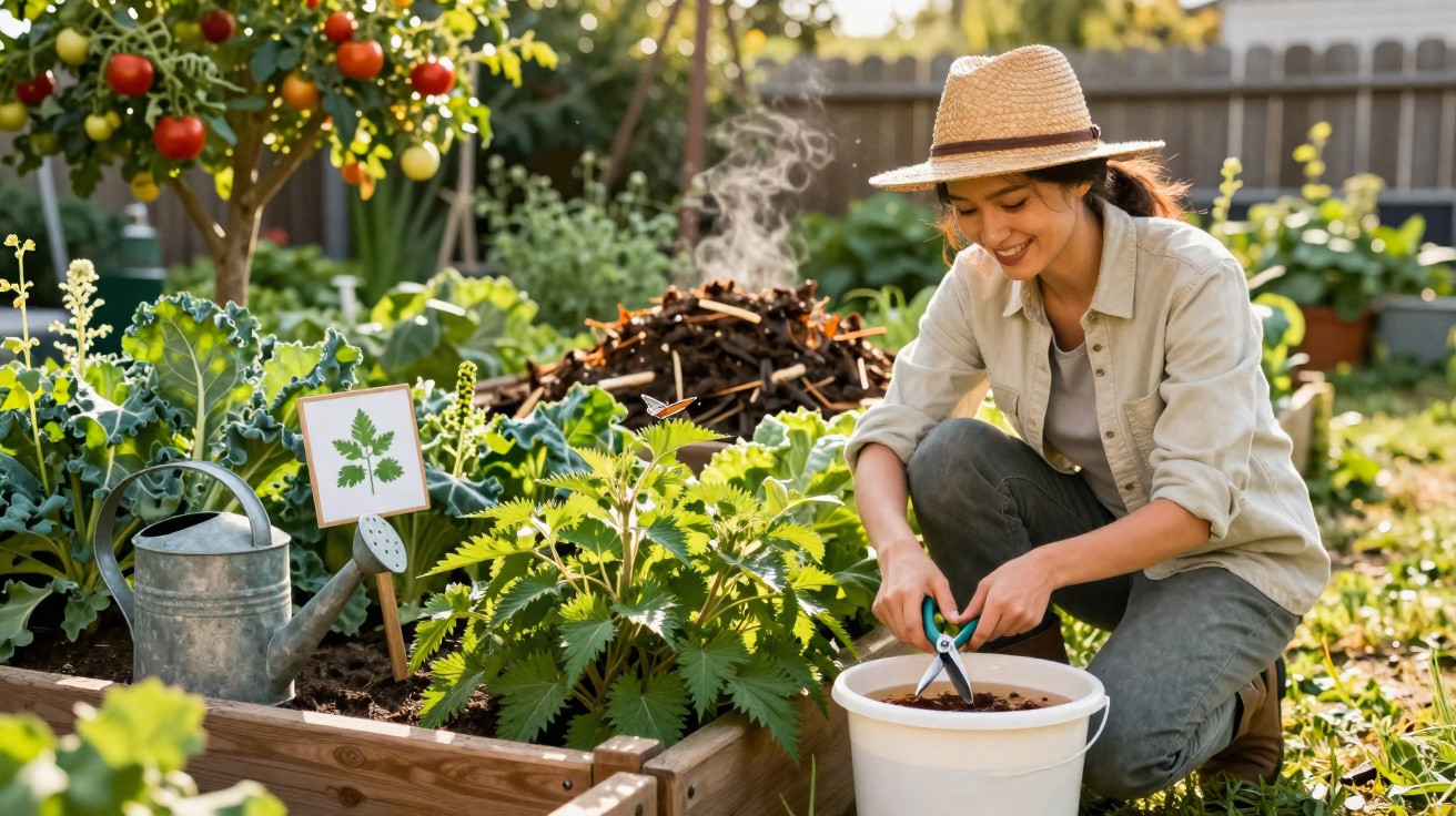 Mulher a cuidar de plantas num jardim, cortando ervas daninhas com tesoura de poda.
