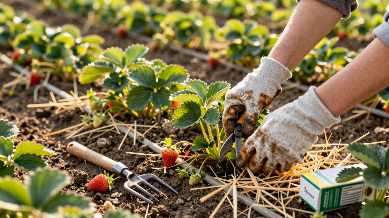 Mãos com luvas a cuidar de plantas de morango num jardim com terra e ferramentas de jardinagem.