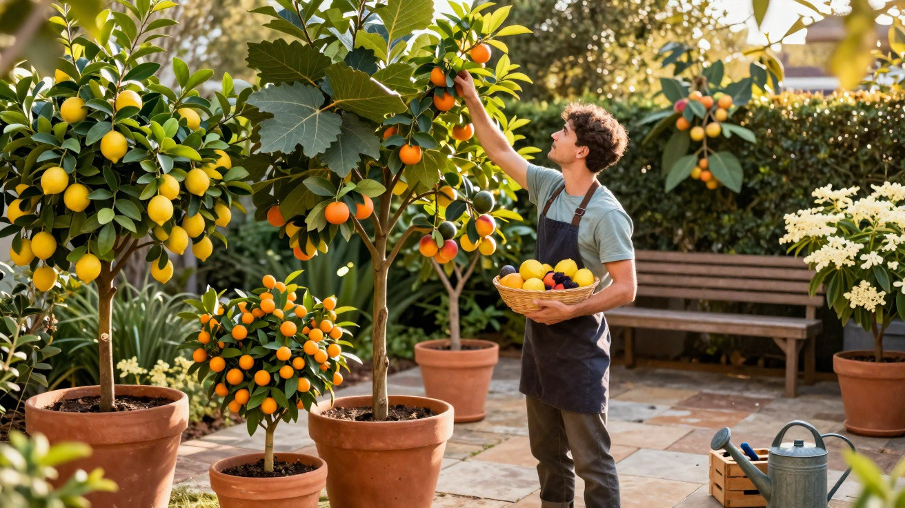 Homem colhe frutas cítricas em árvores em vasos num jardim com banco e regador ao fundo.