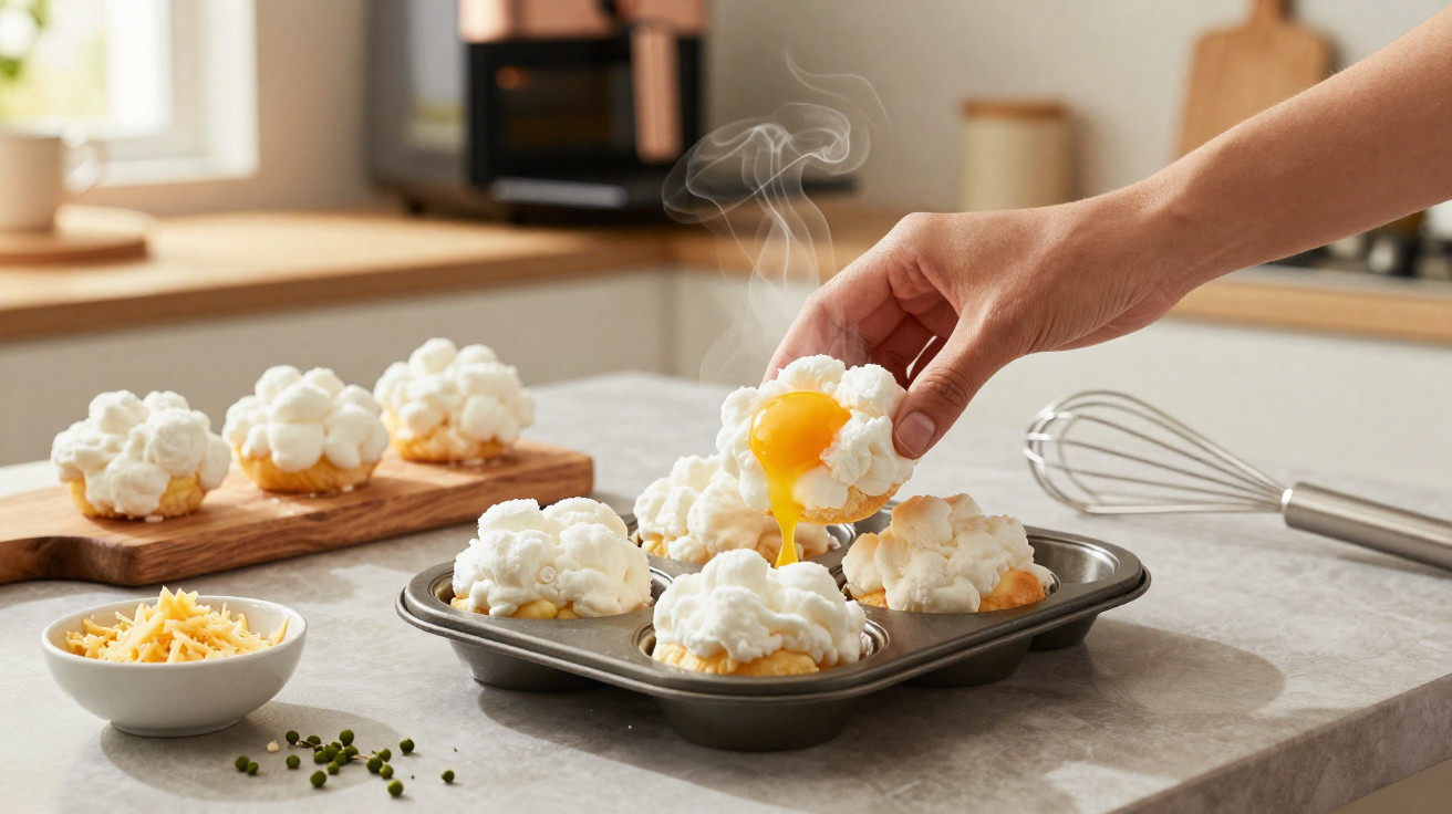 Mão a colocar mini tarte de claras com gema escorrendo numa forma metálica numa cozinha moderna.