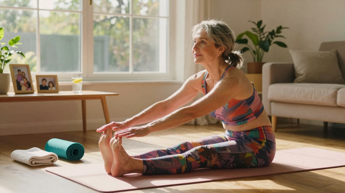 Mulher sénior a fazer alongamentos sentada num tapete de yoga numa sala iluminada.