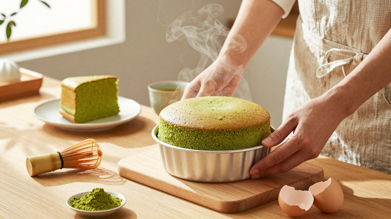 Bolo verde acabado de sair do forno, com vapor a subir, mãos a segurá-lo em forma metálica na cozinha.