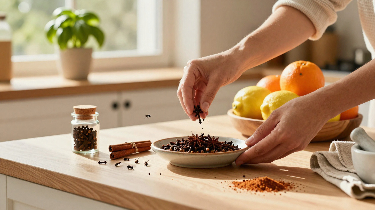 Mãos a segurar cravos-da-índia num prato com especiarias, com limões, laranjas e pau de canela numa bancada de cozinha.
