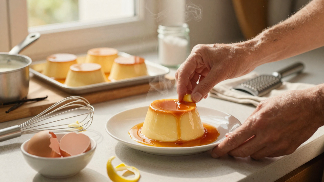 Mão a decorar pudim de caramelo com raspas de limão numa cozinha iluminada e quente.