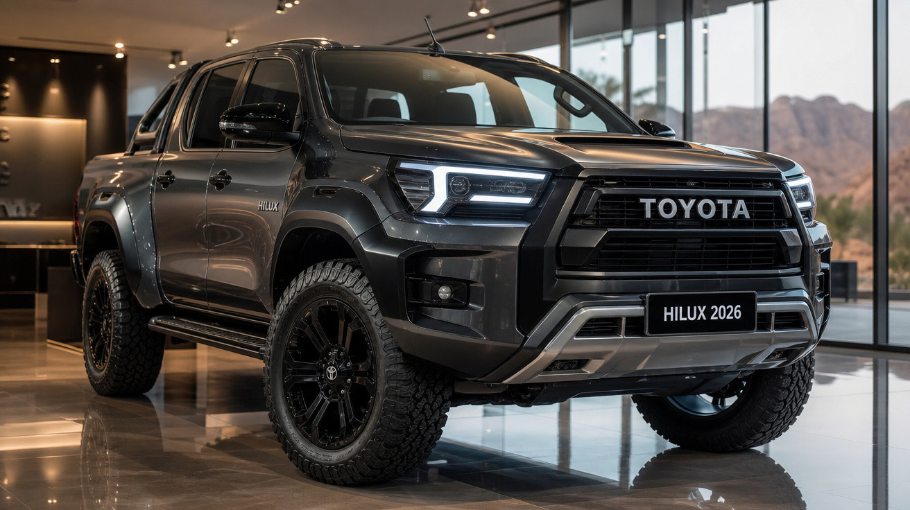 Picape Toyota Hilux 2026 preta em exposição com faróis LED e pneus robustos em ambiente moderno.
