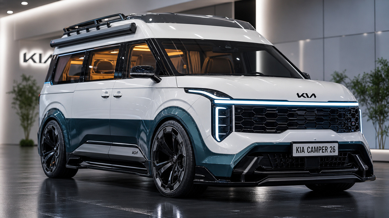 Carro Kia Camper 26 elétrico, com design moderno e compacto, em duas cores, exibido em showroom.