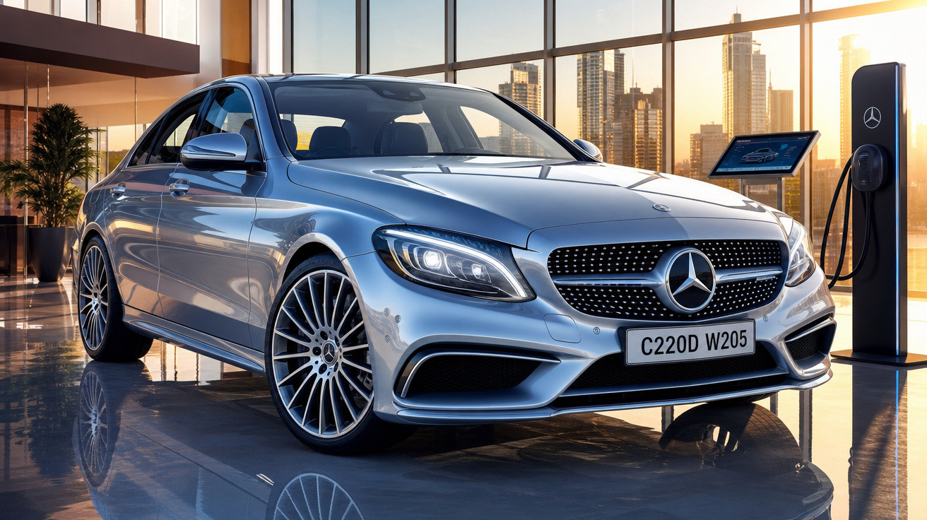 Carro Mercedes-Benz azul estacionado em showroom moderno com vista para cidade ao pôr do sol.