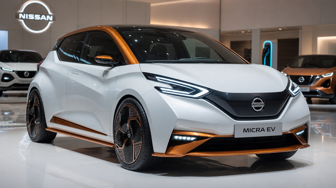 Nissan Micra EV branco com detalhes em cobre exposto numa feira automóvel.