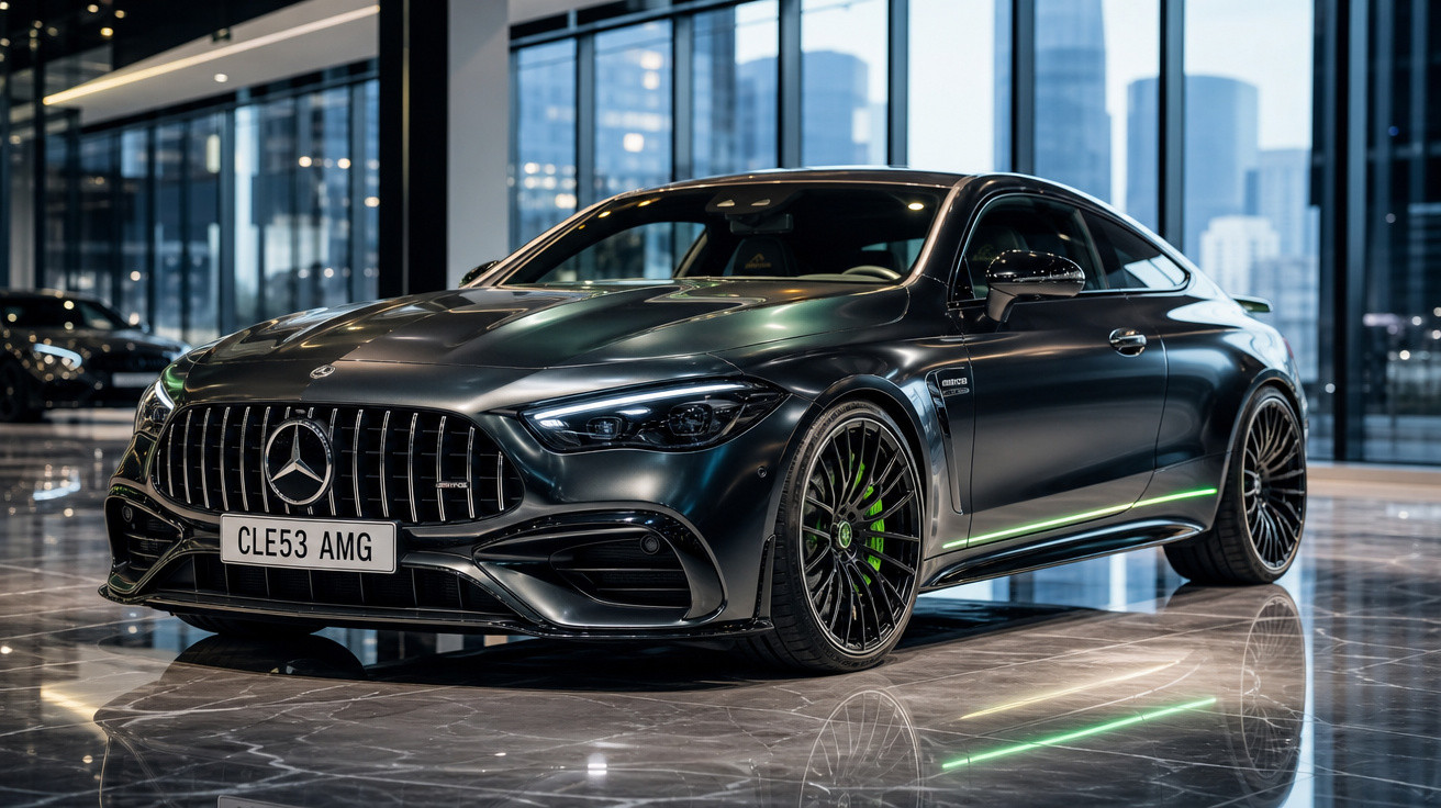 Carro desportivo Mercedes-Benz AMG preto estacionado num showroom moderno com chão refletor.