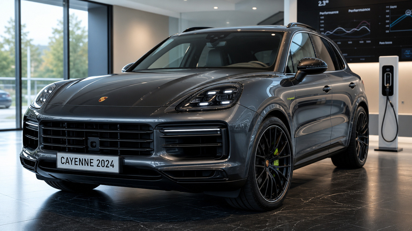 Carro Porsche Cayenne 2024 cinza escuro em exposição dentro de loja moderna com carregador elétrico ao fundo.