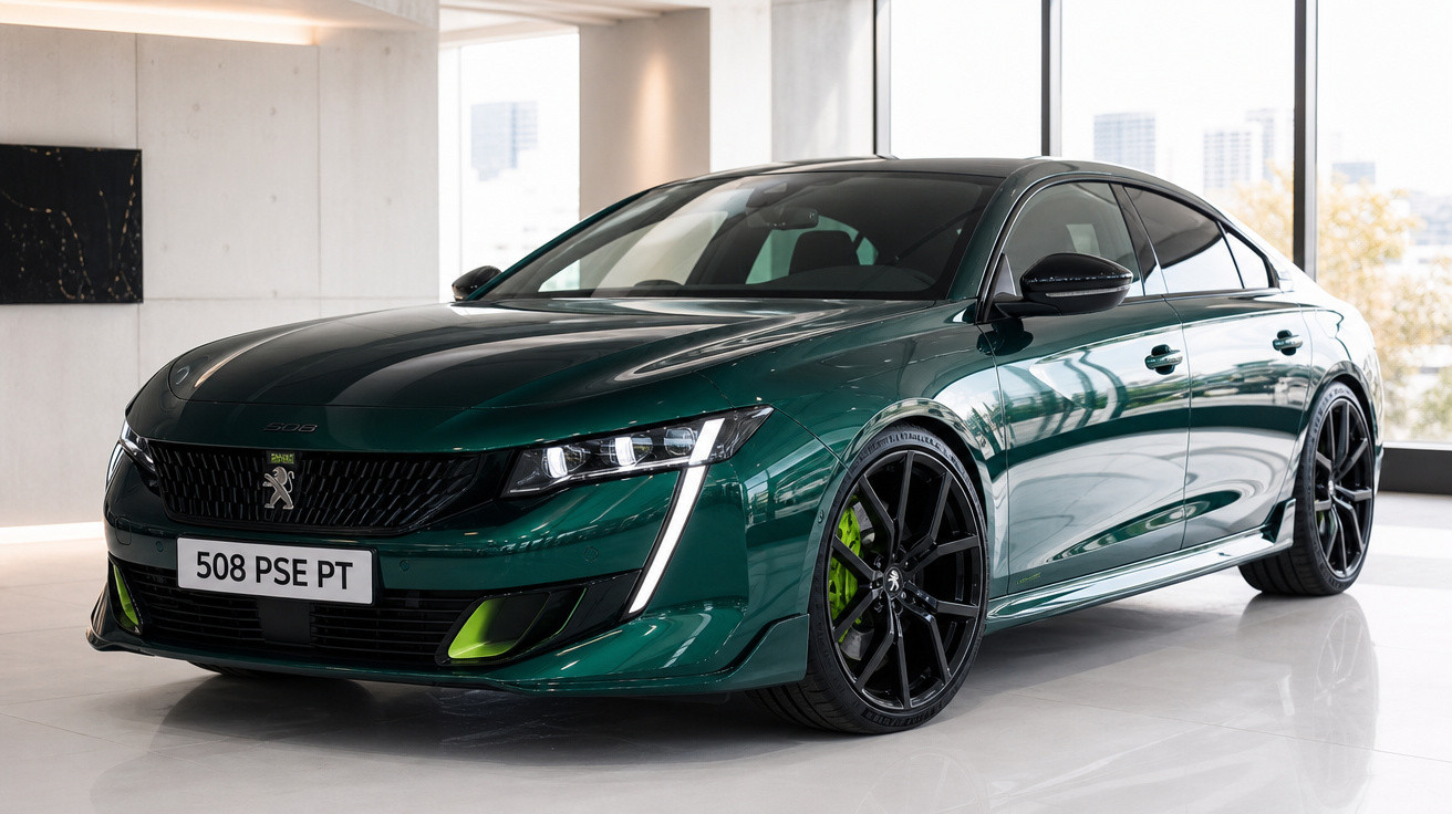 Peugeot 508 PSE verde escuro em exposição, vista frontal esquerda, ambiente luminoso interior.