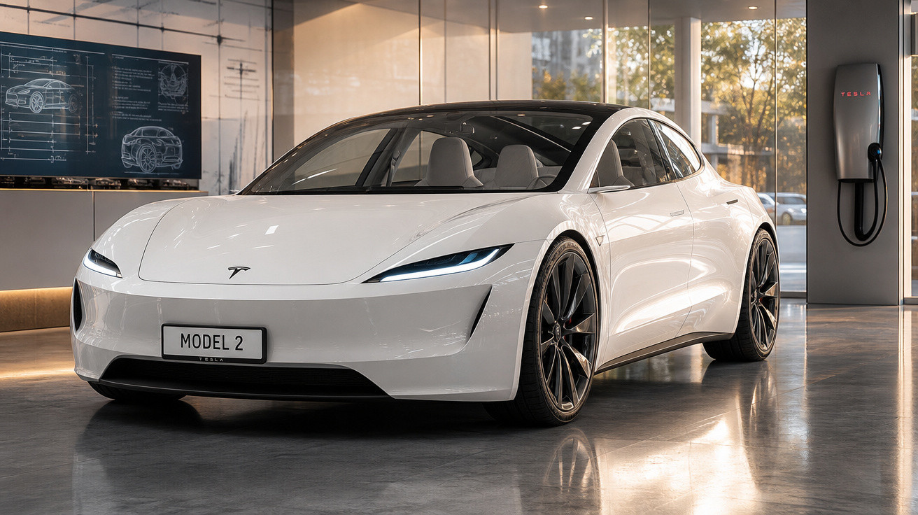 Carro elétrico Tesla Model 2 branco exibido em showroom moderno com carregador na parede.