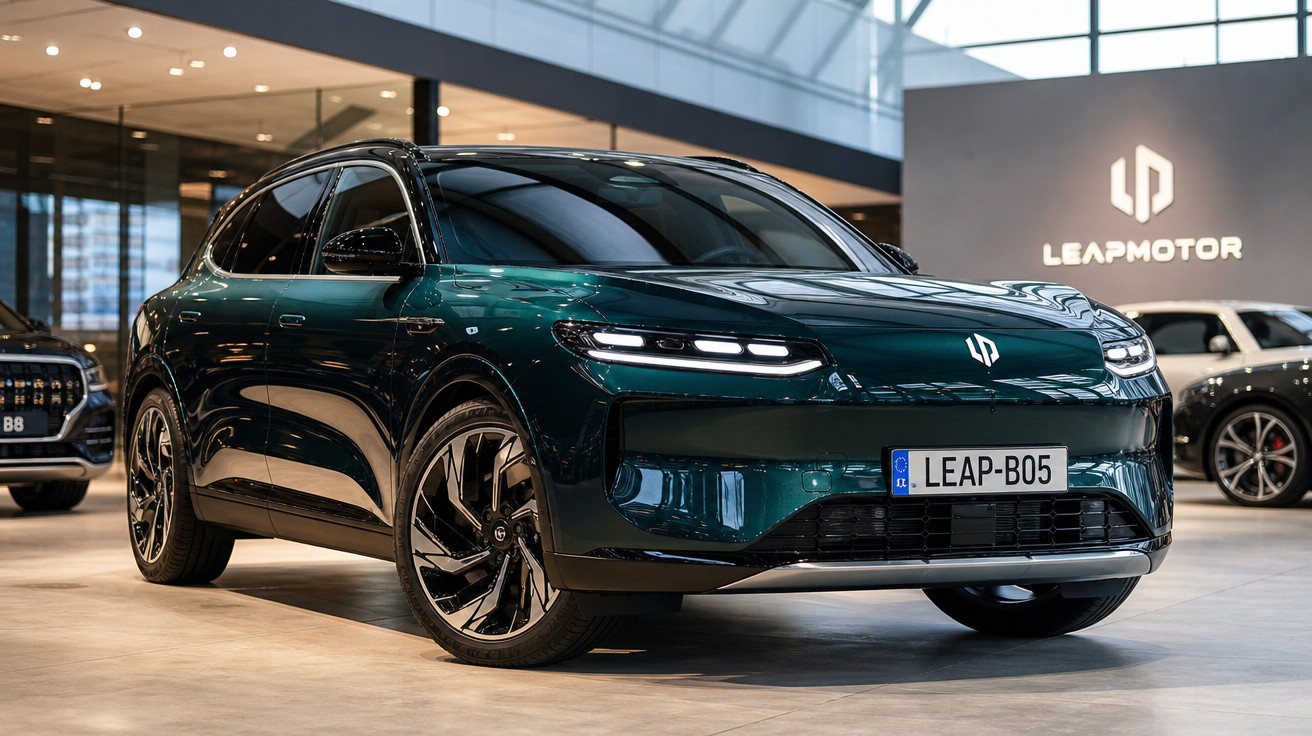 Carro elétrico verde escuro da marca Leapmotor em exposição num showroom moderno e iluminado.