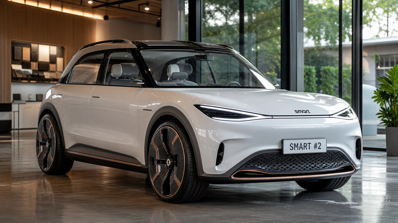Carro elétrico Smart branco com detalhe preto e rodas modernas em showroom elegante e bem iluminado.