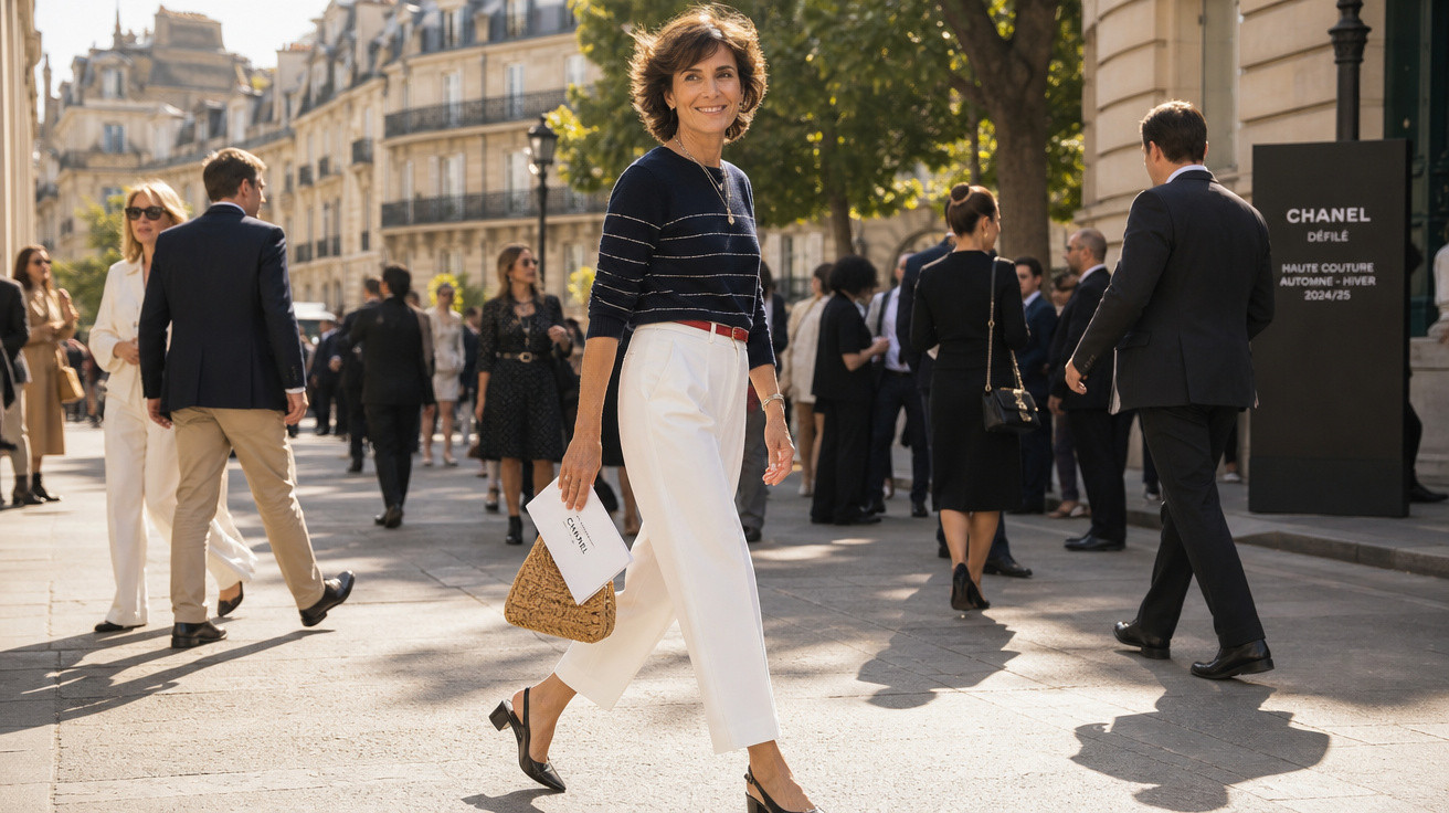 Mulher sorridente a caminhar na rua com calças brancas e camisola preta às riscas, em desfile Chanel de alta-costura.