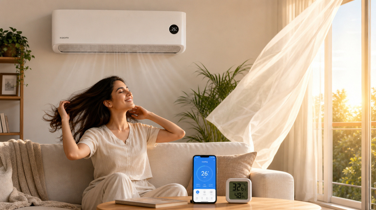 Mulher sentada no sofá a refrescar-se com ar condicionado a 26ºC numa sala luminosa pela manhã.