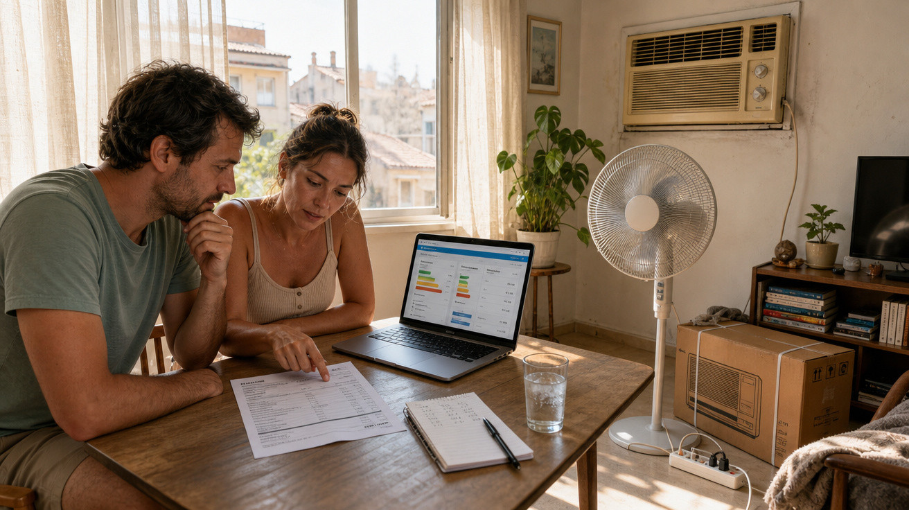 Casal sentado à mesa com documentos e computador portátil a analisar contas de casa em ambiente doméstico.