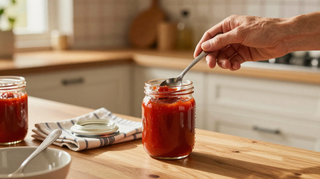 Mão a colher molho de tomate num frasco de vidro numa bancada de cozinha de madeira.