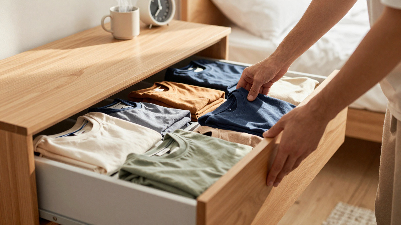 Pessoa a organizar t-shirts dobradas de várias cores numa gaveta de madeira num quarto arrumado.