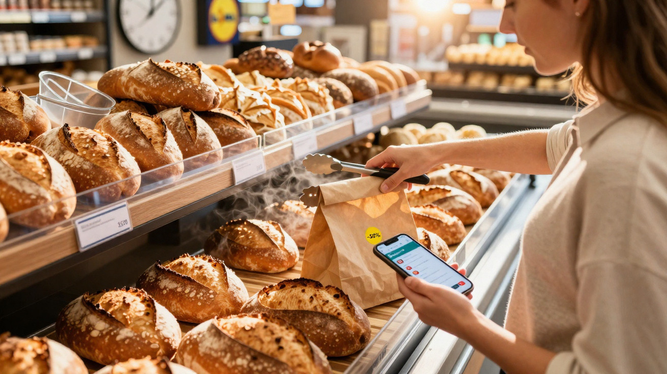 Mulher a comprar pão quente numa padaria, usando uma aplicação móvel para pagamento digital.