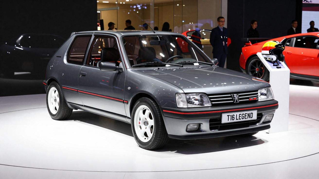 Peugeot 205 GTI cinza exposto em salão automóvel com iluminação e pessoas ao fundo.