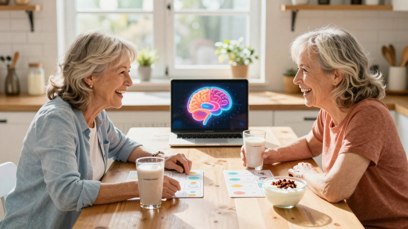 Duas mulheres idosas sentadas à mesa com bebidas, jogos de tabuleiro, e um portátil com imagem de cérebro.