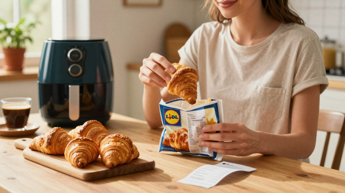 Mulher sentada a comer um croissant Lidl, com vários croissants numa tábua e cafeteira ao fundo.