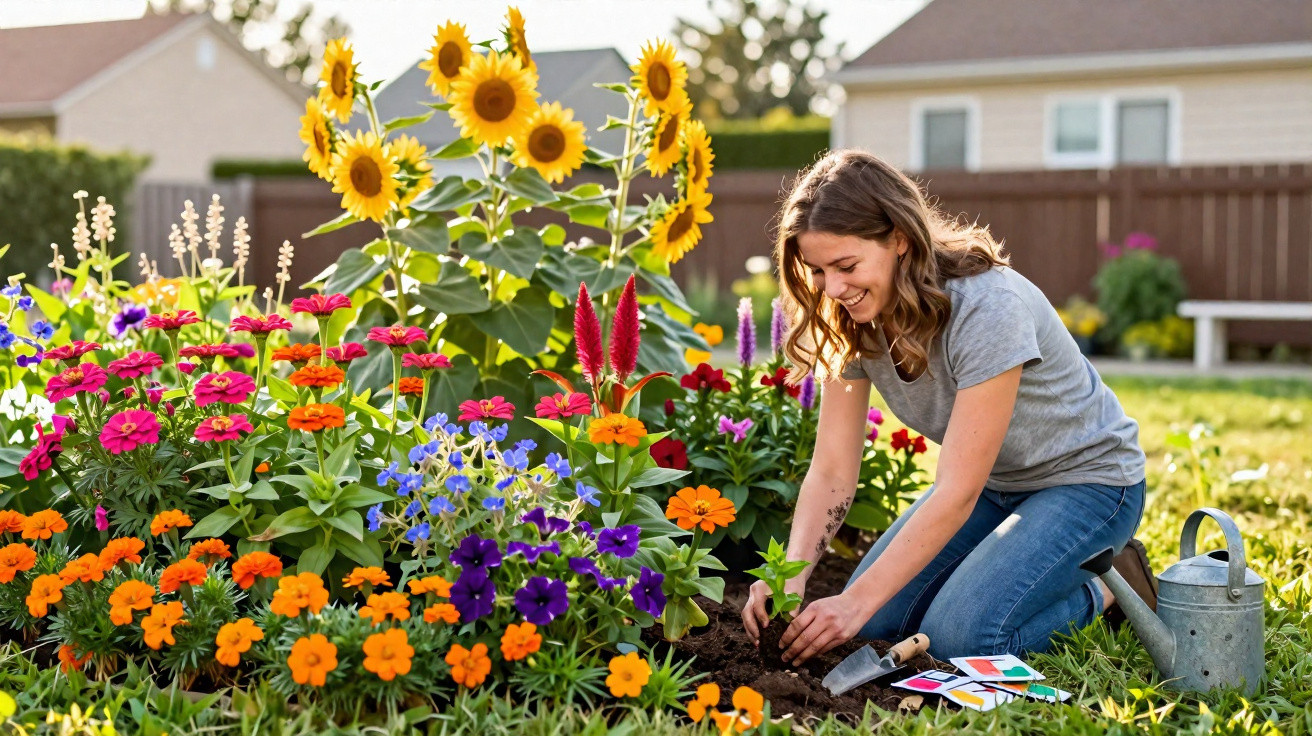 Mulher sorridente a plantar flores coloridas num jardim com girassóis ao fundo em dia ensolarado.