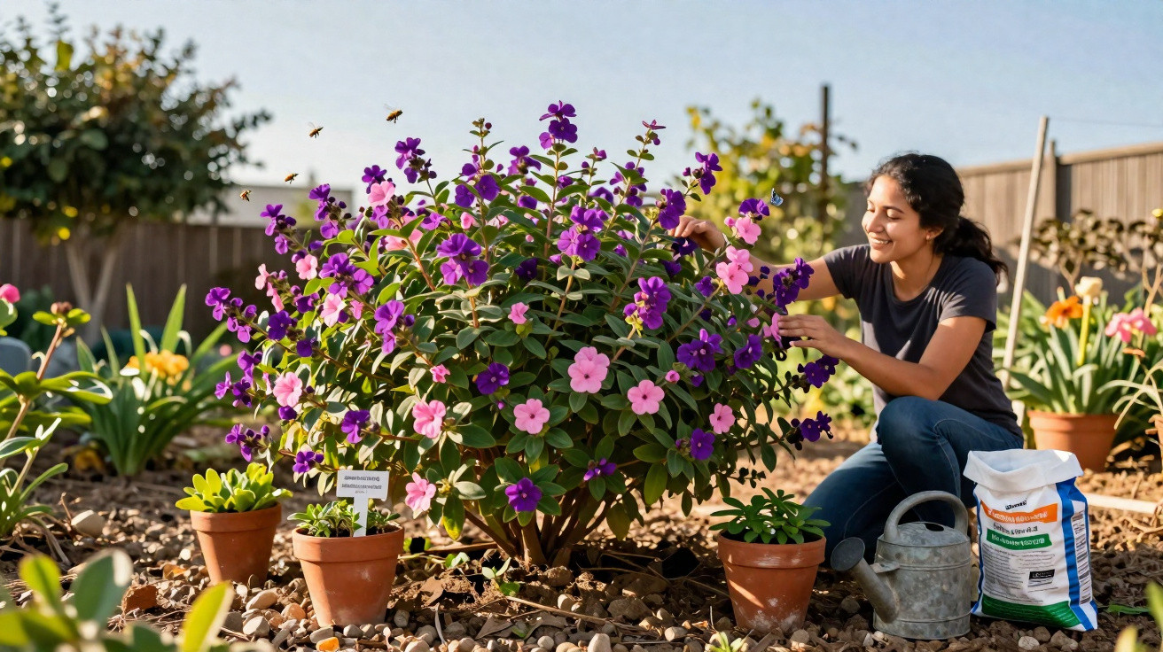 Mulher a cuidar de arbusto com flores roxas e rosas num jardim soalheiro cheio de plantas.