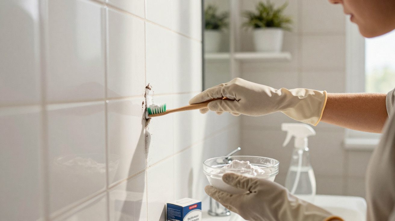 Pessoa a limpar manchas de bolor em azulejos com escova de dentes e luvas de borracha no banheiro.