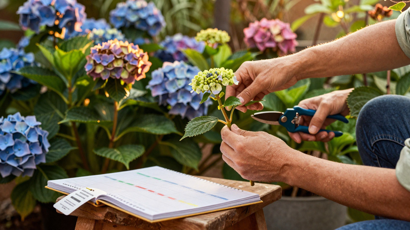 Pessoa a podar um ramo de hortênsia junto a um caderno aberto num jardim com várias hortênsias coloridas.